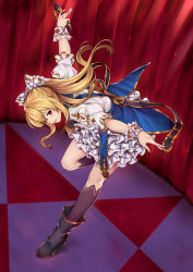 Rule 34 | 10s, 1girl, alternate costume, black footwear, black legwear, blonde hair, boots, bow, bowing, curtains, dress, dutch angle, from side, full body, granblue fantasy, hair bow, high heel boots, high heels, highres, holding, holding microphone, idol, kimi to boku no mirai, kneeling, leg up, long hair, looking at viewer, microphone, pak ce, parted lips, ponytail, profile, red eyes, smile, solo, standing, standing on one leg, vira (granblue fantasy), white bow, wrist cuffs
