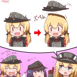 Rule 34 | 3girls, akatsuki (kancolle), anchor hair ornament, anchor symbol, bismarck (kancolle), black headwear, blonde hair, blue eyes, brown gloves, dated, flat cap, food, gloves, hair ornament, hat, kantai collection, long hair, low twintails, military hat, mitchell (dynxcb25), multiple girls, open mouth, peaked cap, prinz eugen (kancolle), pudding, pun, purple hair, smile, twintails, twitter username, white gloves, | |