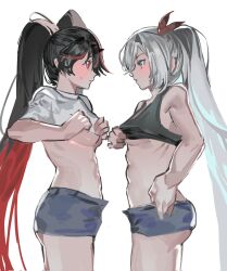Rule 34 | 2girls, abs, alpha (punishing: gray raven), bare arms, bare legs, black hair, black tank top, blue eyes, bow, clothes lift, colored inner hair, commentary, corrupted twitter file, fake horns, grey hair, grey shorts, hair bow, highres, horns, long hair, lucia: crimson weave (punishing: gray raven), lucia: plume (punishing: gray raven), lucia (punishing: gray raven), multicolored hair, multiple girls, ponytail, punishing: gray raven, red bow, red eyes, red hair, shirt, shirt lift, short shorts, short sleeves, shorts, sidelocks, small horns, sweatdrop, symbol-only commentary, tank top, twintails, very long hair, white background, white shirt, yongsadragon