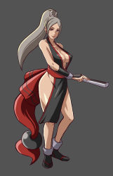 Rule 34 | 1girl, alternate color, bare shoulders, breasts, brown eyes, cleavage, elbow gloves, fatal fury, fingerless gloves, folded fan, folding fan, gloves, hand fan, highres, japanese clothes, large breasts, pelvic curtain, ponytail, shibusun, shiranui mai, side slit, silver hair, simple background, snk, solo, the king of fighters