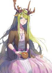 Rule 34 | 1girl, absurdres, animal ears, antlers, blue eyes, bowl, bracelet, brown jacket, bug, butterfly, closed mouth, collarbone, dress, drop earrings, earrings, flower, green hair, hair flower, hair ornament, head wreath, highres, holding, holding bowl, horns, insect, jacket, jewelry, liudaohai6001, long hair, looking at viewer, original, pendant, pink dress, sidelocks, simple background, sitting, solo, white background