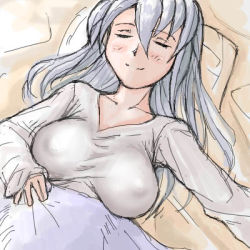 Rule 34 | 00s, 1girl, alternate breast size, blush, breasts, closed eyes, large breasts, lowres, aged up, rozen maiden, silver hair, sleeping, smile, solo, suigintou, tsuda nanafushi