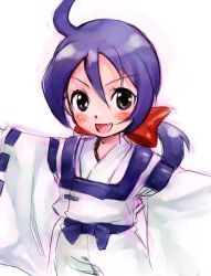 Rule 34 | 1girl, ahoge, bakumatsu rouman, blue hair, blush, eyebrows, fang, green eyes, ichijou akari, japanese clothes, kimono, long hair, long sleeves, looking at viewer, nakamura kanko, outstretched arms, simple background, snk, solo, upper body, white background, wide sleeves