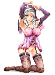Rule 34 | 1girl, armpits, breasts, capelet, cleavage, corset, detached sleeves, drill hair, feet, female focus, frills, garter straps, goth fashion, highres, hood, lingerie, md5 mismatch, nightgown, nippleless clothes, nipples, no shoes, panties, pocari66, red eyes, see-through, silk, simple background, solo, soul calibur, soulcalibur, soulcalibur v, spider web, thighhighs, twin drills, underwear, viola (soulcalibur), white hair