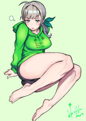 Rule 34 | 1girl, ahoge, bare legs, barefoot, bike shorts, black shorts, blush, breasts, dated, feet, full body, green background, green eyes, green hoodie, green ribbon, grey hair, hair over shoulder, hair ribbon, highres, hood, hood down, hoodie, hori shin, impossible clothes, jitome, knees together feet apart, large breasts, legs, long hair, long sleeves, looking at viewer, mole, mole under mouth, on ground, open mouth, original, ponytail, ribbon, short shorts, shorts, sidelocks, signature, solo, thighs, toes