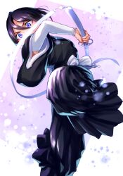 Rule 34 | 1girl, arm up, black hair, black kimono, bleach, blue eyes, breasts, covering own mouth, elbow gloves, fighting stance, fingerless gloves, gloves, hair between eyes, holding, holding sword, holding weapon, japanese clothes, katana, kimono, kuchiki rukia, leg up, long ribbon, long sleeves, looking down, obi, parted bangs, purple background, sash, short hair, simple background, small breasts, snow, solo, soraao0322, standing, sword, v-shaped eyebrows, weapon, white gloves, wide-eyed, wide sleeves, zanpakutou