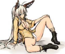 Rule 34 | 1girl, animal ears, blonde hair, blue eyes, blush, boots, breasts, cleavage, hanna-justina marseille, head wings, long hair, panties, simple background, sitting, smile, solo, spread legs, strike witches, tail, umyonge (lkakeu), underwear, wings, witches of africa, world witches series