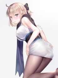 Rule 34 | 1girl, ahoge, ass, bad id, bad pixiv id, bare arms, bare shoulders, blonde hair, bow, breasts, brown pantyhose, fate/grand order, fate (series), grey eyes, hair bow, hakuda tofu, highres, japanese clothes, kimono, kneeling, large breasts, looking at viewer, looking back, obi, okita souji (fate), okita souji (koha-ace), pantyhose, sash, scarf, short hair, short kimono, simple background, sleeveless, sleeveless kimono, solo, white background