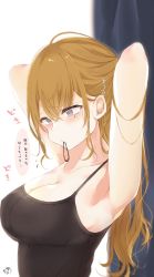 Rule 34 | 1girl, arms up, black shirt, blonde hair, blue eyes, breasts, cleavage, collarbone, curtains, hair tie in mouth, highres, large breasts, long hair, mole, mole under eye, mouth hold, muuran, original, shirt, sleeveless, solo, spaghetti strap, sunlight, tying hair, upper body