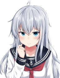 Rule 34 | 1girl, ahoge, anchor symbol, black sailor collar, commentary request, grey eyes, grey hair, hibiki (kancolle), highres, kantai collection, long hair, looking at viewer, neckerchief, nyanzai-sensei, red neckerchief, sailor collar, school uniform, serafuku, simple background, smile, solo, upper body, white background