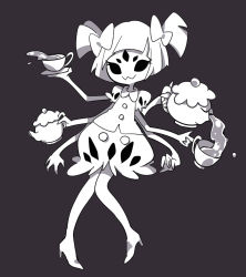 Rule 34 | 1girl, extra arm, extra eyes, female focus, full body, high heels, highres, arthropod girl, monochrome, muffet, ribbon, simple background, skirt, solo, spider girl, tea, teapot, twintails, undertale