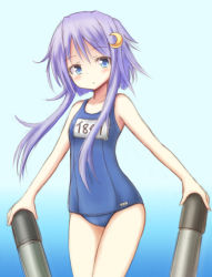 Rule 34 | 1girl, blue eyes, cosplay, crescent, crescent hair ornament, hair ornament, hiraga daidai, i-19 (kancolle), i-19 (kancolle) (cosplay), kantai collection, long hair, one-piece swimsuit, personification, purple hair, school swimsuit, short hair with long locks, sidelocks, solo, swimsuit, torpedo, yayoi (kancolle)