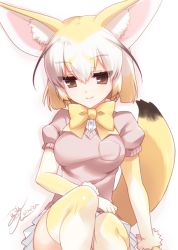 Rule 34 | 10s, 1girl, animal ears, blonde hair, blush, bow, bowtie, breast pocket, breasts, brown eyes, fennec (kemono friends), fox ears, fox tail, half-closed eyes, hlz, kemono friends, multicolored hair, pleated skirt, pocket, puffy short sleeves, puffy sleeves, scrunchie, shirt, short-sleeved sweater, short hair, short sleeves, signature, simple background, sitting, skirt, smile, solo, sweater, tail, thighhighs, white background, white skirt