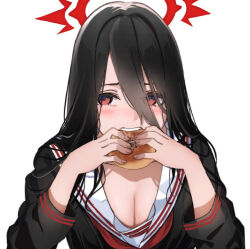 Rule 34 | 1girl, black hair, black shirt, blue archive, bread, breasts, cleavage, eating, food, hair between eyes, halo, hands up, hasumi (blue archive), highres, holding, holding food, icehotmilktea, large breasts, long hair, long sleeves, looking at viewer, red eyes, sailor collar, school uniform, serafuku, shirt, simple background, solo, upper body, white background, white sailor collar
