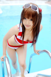 Rule 34 | 1girl, arm support, asian, bikini, blue eyes, breasts, color contacts, cosplay, eyewear on head, hairpods, kipi-san, leaning forward, long hair, looking at viewer, neon genesis evangelion, orange hair, outdoors, partially submerged, photo (medium), pool, small breasts, smile, solo, souryuu asuka langley, souryuu asuka langley (cosplay), striped bikini, striped clothes, sunglasses, swimsuit, wading, wet, wet hair, white-framed eyewear, zipper