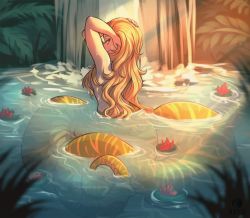 Rule 34 | 1girl, artist logo, artist name, back, bathing, blonde hair, breasts, curly hair, female focus, hair censor, hands on own head, lamia, lily pad, looking at viewer, medium breasts, monster girl, nature, original, pond, smile, solo, tagme, water, waterfall, yellow eyes