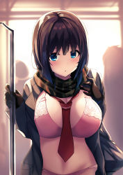 Rule 34 | 1girl, :o, absurdres, blue eyes, blurry, blurry background, blush, bra, breasts, brown gloves, brown hair, cleavage, commentary request, cowboy shot, exhibitionism, gloves, green scarf, groin, highres, holding, jacket, large breasts, liya, long sleeves, looking at viewer, midriff, necktie, open clothes, open jacket, original, panties, pink bra, pink panties, plaid, plaid scarf, public indecency, red neckwear, scarf, short hair, sidelocks, solo focus, underwear, window