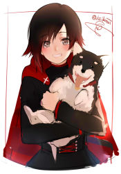 Rule 34 | 1girl, belt, black hair, cape, corset, dog, gradient hair, highres, isshiki (ffmania7), long sleeves, looking at viewer, multicolored hair, red cape, red hair, ruby rose, rwby, short hair, grey eyes, smile, twitter username, two-tone hair, upper body, welsh corgi, zwei (rwby)