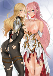 Rule 34 | 2girls, absurdres, armor, arms behind back, artist request, ass, bare shoulders, blonde hair, blue eyes, blush, bodysuit, bound, bound wrists, breasts, butt crack, dress, embarrassed, from behind, highres, kisara (tales), large breasts, long hair, looking at viewer, looking back, medium breasts, multiple girls, namco, nipples, orange eyes, panties, pantyshot, pink hair, pontytail, shiny clothes, shiny skin, shionne (tales), sideboob, skin tight, skindentation, tales of (series), tales of arise, tan, tanline, torn bodysuit, torn clothes, underwear, very long hair