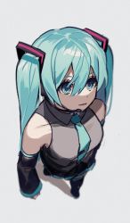 Rule 34 | 1girl, aqua eyes, aqua hair, aqua necktie, bare shoulders, black skirt, black sleeves, black thighhighs, commentary, detached sleeves, english commentary, foreshortening, from above, grey shirt, hair ornament, hatsune miku, headphones, headset, highres, light smile, long hair, mp (im kaito ice), necktie, open mouth, pleated skirt, shadow, shirt, skirt, sleeveless, sleeveless shirt, solo, thighhighs, twintails, very long hair, vocaloid, walking