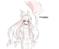 Rule 34 | 1girl, absurdres, clear echoes, female focus, fire, fujiwara no mokou, highres, lineart, looking at viewer, monochrome, ribbon, solo, spot color, standing, suspenders, touhou, white background, wrist cuffs