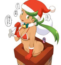 Rule 34 | 1girl, bell, bikini, breasts, chimney, christmas, cleavage, commentary, creatures (company), dark-skinned female, dark skin, fur collar, game freak, gloves, green eyes, green hair, halterneck, hat, holding, holding sack, long hair, looking at viewer, mallow (pokemon), medium breasts, navel, neck bell, nintendo, open mouth, over shoulder, pokemon, pokemon sm, red bikini, red gloves, red hat, sack, santa bikini, santa gloves, santa hat, side-tie bikini bottom, simple background, smile, solo, string bikini, stuck, sweatdrop, swimsuit, tof, translated, twintails, white background