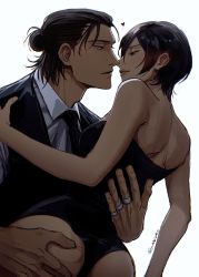 Rule 34 | 1boy, 1girl, ass, bad id, bad twitter id, bare arms, black hair, black jacket, black leotard, black necktie, blush, breasts, collared shirt, couple, cowboy shot, eren yeager, formal, groping, hair between eyes, hair bun, hair pulled back, half-closed eyes, hand on another&#039;s ass, hand on another&#039;s back, hand on another&#039;s shoulder, heart, hetero, highres, imminent kiss, jacket, jewelry, leotard, looking at another, medium breasts, medium hair, mikasa ackerman, multiple rings, necktie, parted lips, ring, shingeki no kyojin, shirt, short hair, smile, strapless, strapless leotard, suit, suit jacket, twitter username, white background, white shirt, yuana