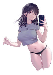 Rule 34 | 1girl, absurdres, black panties, breasts, brown eyes, brown hair, cellphone, chinese commentary, closed mouth, commentary request, crop top, earrings, grey shirt, han-0v0, highres, holding, holding phone, jewelry, large breasts, long hair, mole, mole on neck, navel, original, panties, phone, shirt, short sleeves, simple background, smartphone, smile, solo, stomach, thighs, underwear, white background