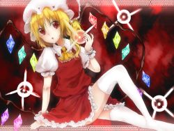 Rule 34 | + +, 1girl, arm support, ascot, bad id, bad pixiv id, blonde hair, blouse, bow, flandre scarlet, frilled skirt, frills, from side, hat, highres, looking at viewer, mob cap, no shoes, parted lips, puffy short sleeves, puffy sleeves, red eyes, scrunchie, shirt, short hair, short sleeves, side ponytail, sitting, skirt, skirt set, solo, spell card, takanashi keisuke, thighhighs, touhou, white thighhighs, wings, wrist scrunchie