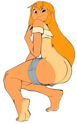 Rule 34 | 1girl, absurdres, ass, barefoot, black eyes, clothes pull, commentary, commission, denim, denim shorts, english commentary, feet, full body, highres, light soles, long hair, negsus, one-piece tan, orange hair, original, short eyebrows, short shorts, shorts, shorts pull, smirk, soles, solo, squatting, strapless, tan, tanline, thai (negsus), tiptoes, toes, tube top, white background