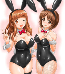 Rule 34 | 2girls, animal ears, black legwear, black leotard, blunt bangs, bow, bowtie, breasts, brown eyes, brown hair, cleavage, cocoa (cocoa0191), collarbone, commentary request, covered erect nipples, cowboy shot, detached collar, fake animal ears, fishnet legwear, fishnets, girls und panzer, gradient background, large breasts, leotard, long hair, looking at viewer, medium breasts, multiple girls, nishizumi miho, pantyhose, playboy bunny, rabbit ears, rabbit tail, red neckwear, short hair, skindentation, standing, strapless, strapless leotard, tail, takebe saori, thighhighs, v, white background, wrist cuffs