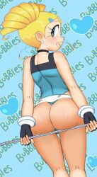 Rule 34 | 1girl, arms at sides, ass, ass focus, back, belt, black choker, black gloves, black one-piece swimsuit, blonde hair, blue background, blue eyes, blue one-piece swimsuit, blush, bubbles (ppg), choker, closed mouth, drill hair, earrings, eyebrows, eyelashes, feet out of frame, female focus, fingerless gloves, from behind, gloves, goutokuji miyako, holding, holding staff, hoshime, jewelry, looking at viewer, looking back, medium hair, one-piece swimsuit, powerpuff girls, powerpuff girls z, profile, rolling bubbles, simple background, smile, solo, staff, standing, swimsuit, twin drills, two-tone one-piece swimsuit, white belt
