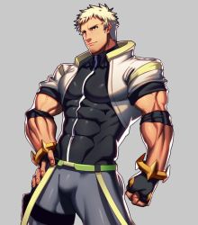 Rule 34 | 1boy, bara, black gloves, blonde hair, bulge, covered abs, covered navel, facial hair, fingerless gloves, gloves, gyee, hand on own hip, looking to the side, lvlv, male focus, muscular, pants, pectorals, radian (gyee), shirt, short hair, shrug (clothing), sideburns, solo, stubble, taut clothes, taut shirt, thick thighs, thighs, tight clothes, tight pants, tight shirt