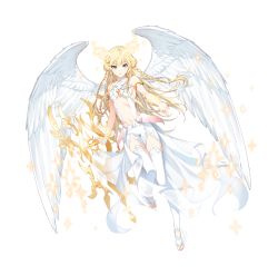 Rule 34 | 1girl, absurdres, angel, blonde hair, blue eyes, closers, colored skin, feet, full body, highres, long hair, luna aegis (closers), navel, official art, solo, toes, transparent background, weapon, white skin, white wings, wings