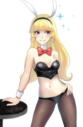 Rule 34 | 1girl, animal ears, bad id, bad pixiv id, bare shoulders, black pantyhose, blonde hair, blunt bangs, bow, bowtie, breasts, breasts apart, cowboy shot, detached collar, disney, earrings, facing viewer, fake animal ears, gravity falls, grin, hand on own hip, highres, hoop earrings, jewelry, leotard, long hair, looking at viewer, makeup, midriff, navel, necktie, pacifica northwest, pantyhose, playboy bunny, purple eyes, rabbit ears, red bow, red bowtie, red necktie, simple background, skinny, small breasts, smile, solo, sparkle, standing, white background, wrist cuffs