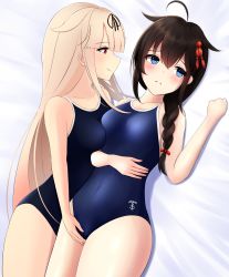 Rule 34 | 2girls, absurdres, ahoge, alternate costume, anchor symbol, asymmetrical docking, black one-piece swimsuit, black ribbon, blonde hair, blue eyes, blue one-piece swimsuit, blush, braid, breast press, breasts, brown hair, collarbone, competition school swimsuit, competition swimsuit, covered navel, embarrassed, fingering, gradient hair, hair between eyes, hair flaps, hair ornament, hair over shoulder, hair ribbon, hairclip, highres, kantai collection, long hair, lying, messy hair, multicolored hair, multiple girls, nokonoko, one-piece swimsuit, red eyes, ribbon, school swimsuit, shigure (kancolle), simple background, single braid, small breasts, swimsuit, white background, yuri, yuudachi (kancolle)