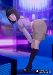 Rule 34 | 1girl, artist logo, artist name, bare shoulders, bent over, black footwear, black gloves, black hair, black thighhighs, blunt bangs, boruto: naruto next generations, breasts, brown shorts, closed mouth, dress, espiralsix, female focus, fingerless gloves, from side, gloves, hands on own knees, high heels, highres, hyuuga hinata, leaning forward, long sleeves, looking at viewer, medium breasts, naruto (series), no pupils, paid reward available, patreon logo, patreon username, purple eyes, purple sweater, short hair, shorts, smile, solo, sweater, thighhighs, thighs, toes