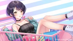 Rule 34 | 1girl, black hair, blush, boots, candy, choker, collarbone, cross-laced footwear, food, hair ornament, hairclip, highres, holding, holding candy, holding food, holding lollipop, in shopping cart, jacket, jewelry, lace-up boots, lollipop, long sleeves, looking at viewer, necklace, off shoulder, open mouth, original, plaid, plaid shirt, plaid tank top, sakunagita, shirt, shopping cart, short hair, sleeves past wrists, socks, solo, spaghetti strap, striped, striped background, tank top, yellow eyes