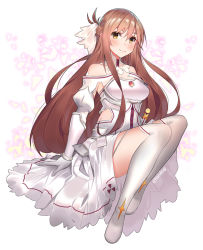 Rule 34 | 1girl, artist name, asuna (sao), bare shoulders, blush, breasts, brown eyes, brown hair, commentary request, dress, gloves, harukagi, long hair, long sleeves, looking at viewer, smile, solo, sword art online, thighhighs, white dress, white gloves, white thighhighs