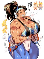 Rule 34 | 1girl, 2boys, bad id, bad pixiv id, biff slamkovich, black widow (muscle bomber), bodysuit, bodysuit pull, breasts, brown eyes, brown hair, capcom, cleavage, doboshiru, gunloc, headband, highres, huge breasts, leotard, leotard under clothes, multiple boys, muscle bomber, muscular, muscular female, short shorts, shorts, side ponytail, slingshot swimsuit, sweat, nervous sweating, swimsuit, thick thighs, thighs, undressing