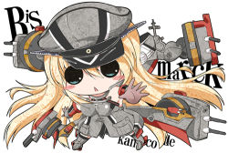Rule 34 | 10s, 1girl, :&lt;, bare shoulders, bismarck (kancolle), blonde hair, blue eyes, blush stickers, breasts, cannon, character name, chibi, elbow gloves, gloves, grey thighhighs, hat, kantai collection, large breasts, long hair, lowres, military, military uniform, no nose, open mouth, outstretched arm, peaked cap, personification, solo, text focus, thighhighs, uniform, very long hair, yamaguchi shinnosuke, zettai ryouiki