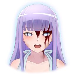 Rule 34 | 1girl, bare shoulders, bleeding from forehead, blood, blood on face, blush, collarbone, commentary, dirty, dirty face, english commentary, highres, hime cut, long hair, looking at viewer, open mouth, purple eyes, purple hair, ragna crimson, simple background, solo, star-shaped pupils, star (symbol), starlia lese, straight-on, straight hair, symbol-shaped pupils, teeth, upper teeth only, war artwork, white background