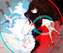 Rule 34 | 2girls, apron, azami (kagerou project), bare legs, black dress, black footwear, black hair, black vs white, blue background, blue dress, blunt bangs, boots, border, bow, bow hairband, brown footwear, child, collared dress, commentary request, double-parted bangs, dress, expressionless, from above, grandmother and granddaughter, grey background, hair between eyes, hair ribbon, hairband, imouto 37, infinity symbol, kagerou project, knees together feet apart, kozakura marry, legs apart, long hair, looking at viewer, looking to the side, lying, multicolored background, multiple girls, on back, parted lips, pink bow, pink eyes, pink hairband, pink ribbon, red background, red eyes, red ribbon, red trim, ribbon, rotational symmetry, round border, sleeve cuffs, sleeves past elbows, socks, white apron, white background, white dress, white hair, white socks