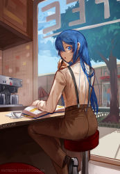 Rule 34 | 1girl, alternate costume, artist name, ass, black footwear, blouse, blue eyes, blue hair, book, brown pants, cafe, chocojax, cloud, cloudy sky, coffee cup, coffee maker, collared shirt, contemporary, cup, day, disposable cup, fire emblem, fire emblem awakening, highres, indoors, long hair, long sleeves, looking at viewer, looking back, lucina (fire emblem), nintendo, open mouth, pants, patreon username, pen, shirt, shoes, shop, signature, sitting, sky, solo, stool, suspenders, symbol-shaped pupils, tree, umbrella, watermark, web address, white shirt, window