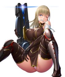 Rule 34 | 1girl, ass, blonde hair, blue eyes, blush, boots, breast press, breasts, covered erect nipples, curvy, dress, female focus, highres, holding, holding weapon, large breasts, lilith-soft, long hair, nobushito kuro, panties, partially visible vulva, shiny skin, simple background, sitting, solo, taimanin (series), taimanin asagi kessen arena, tina worrel, underwear, weapon, white background