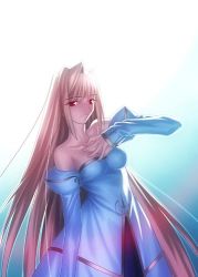 Rule 34 | 00s, 1girl, archetype earth, arcueid brunestud, bare shoulders, blonde hair, breasts, cleavage, detached sleeves, dress, duplicate, gradient background, long hair, lowres, medium breasts, official art, red eyes, sideboob, smile, solo, standing, strapless, strapless dress, takeuchi takashi, tsukihime, very long hair