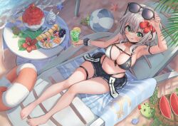 Rule 34 | 1girl, :q, arm up, armpits, ball, bare legs, bare shoulders, barefoot, beach, beachball, bikini, black choker, black skirt, blush, breasts, chirang, choker, cleavage, closed mouth, commentary, cup, drinking straw, eyewear on head, flower, food, front-tie bikini top, front-tie top, fruit, grapes, green eyes, grey hair, hair between eyes, hair flower, hair ornament, halterneck, hibiscus, highleg, highres, holding, holding cup, holding removed eyewear, hololive, ice, ice cream, ice cube, innertube, large breasts, legs, looking at viewer, medium hair, miniskirt, navel, outdoors, plate, pleated skirt, red flower, revision, shirogane noel, shirogane noel (summer 2020), sitting, skirt, solo, starfish, stomach, strawberry, string bikini, sunglasses, swim ring, swimsuit, table, thigh strap, tongue, tongue out, tropical drink, turtle, two-tone bikini, unworn eyewear, virtual youtuber, watermelon, wavy hair, wrist cuffs