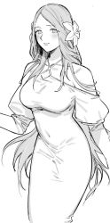 Rule 34 | 1girl, bad id, bad twitter id, bare shoulders, blush, breasts, collarbone, commentary request, dress, fire emblem, fire emblem: three houses, flower, greyscale, hair flower, hair ornament, halterneck, highres, ikarin, long dress, long sleeves, looking at viewer, monochrome, nintendo, off-shoulder dress, off shoulder, parted bangs, parted lips, puffy long sleeves, puffy sleeves, rhea (fire emblem), simple background, smile, solo, standing, white background