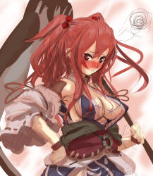 Rule 34 | 1girl, blurry, blurry background, blush, breasts, cleavage, coin, commentary request, detached sleeves, hey taisyou, highres, holding, holding scythe, large breasts, looking at viewer, medium breasts, obi, onozuka komachi, red eyes, red hair, sash, scythe, short sleeves, sidelocks, solo, squiggle, touhou, upper body