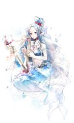 Rule 34 | 1girl, air bubble, bare arms, bikini, blue hair, bow, bowtie, bubble, curly hair, fish, flower, forehead, full body, grey eyes, hair flower, hair ornament, hair rings, harp, highres, instrument, invisible chair, light blue hair, long hair, looking at viewer, mermaid, monster girl, music, navel, original, pale skin, parted bangs, parted lips, playing instrument, prin dog, seashell, shell, simple background, sitting, solo, swimsuit, tail, tail bow, tail ornament, white background, white bow, white bowtie